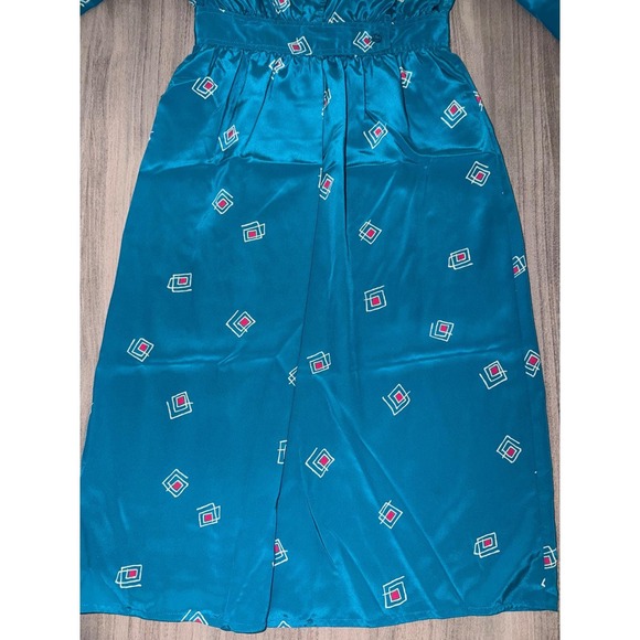 Petites for Maggy Vintage Teal Geometric Satin Midi Dress Size 4 Retro 80s G2 - Picture 4 of 10